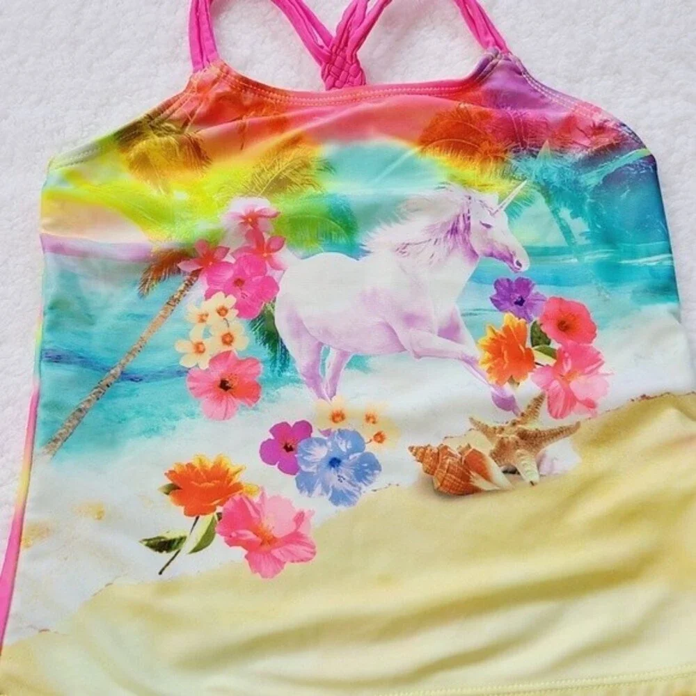 Wonder Nation Girls Sz M 7/8 Unicorn Tankini Bikini 2 Pcs UPF 50+